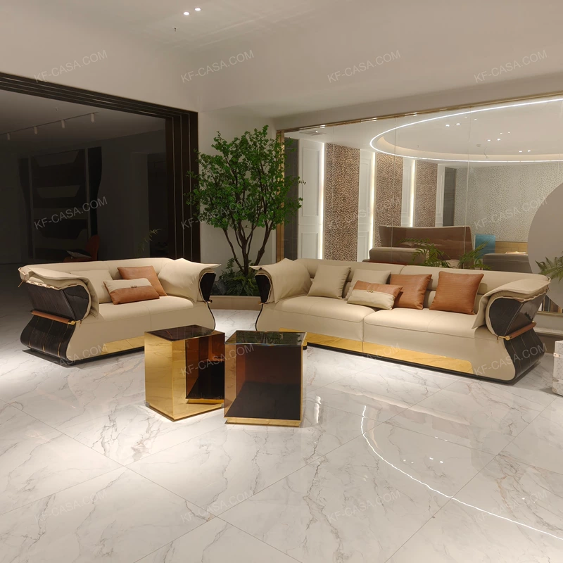 Modern Luxury Seating Collection with Natural Wood Veneer, Handwoven Craftsmanship & Gold Stainless Steel Accents